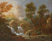 Willem van Bemmel Landschap figuur op een brug bij een waterval oil painting